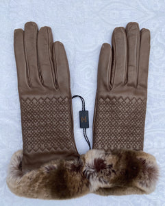 Real Leather Brown Gloves with Cashmere Lining and Rabbit Cuffs