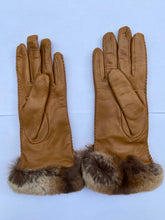 Load image into Gallery viewer, Real Leather Camel Gloves with Cashmere Lining and Rabbit Cuffs