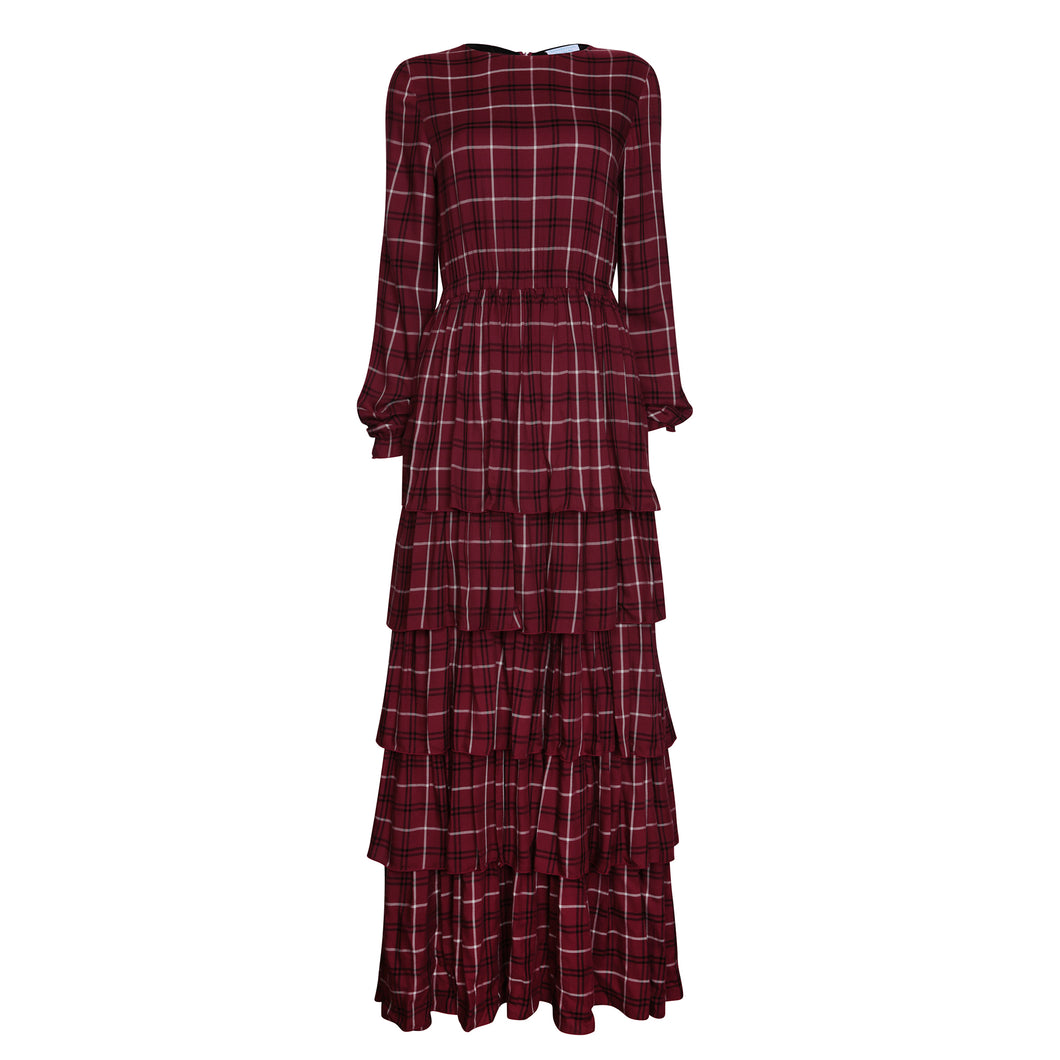 ELISA LONG DRESS WITH FRILLS -BURGUNDY