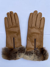 Load image into Gallery viewer, Real Leather Camel Gloves with Cashmere Lining and Rabbit Cuffs