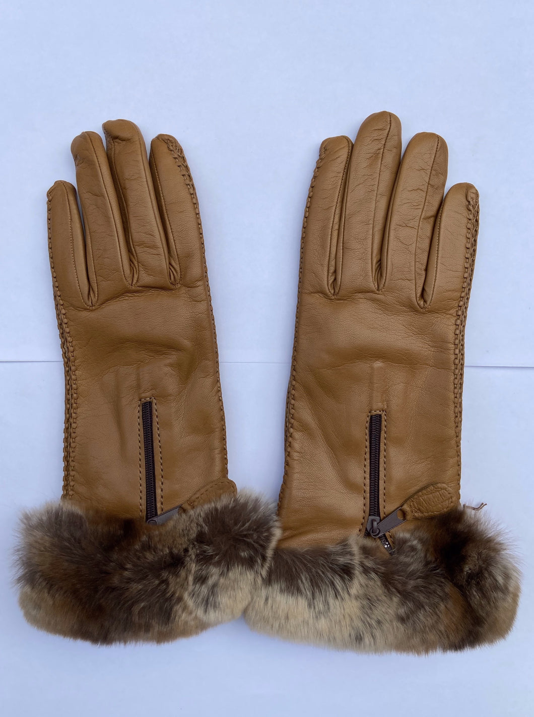 Real Leather Camel Gloves with Cashmere Lining and Rabbit Cuffs