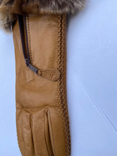 Load image into Gallery viewer, Real Leather Camel Gloves with Cashmere Lining and Rabbit Cuffs