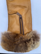 Load image into Gallery viewer, Real Leather Camel Gloves with Cashmere Lining and Rabbit Cuffs