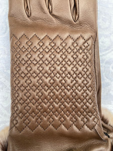Real Leather Brown Gloves with Cashmere Lining and Rabbit Cuffs