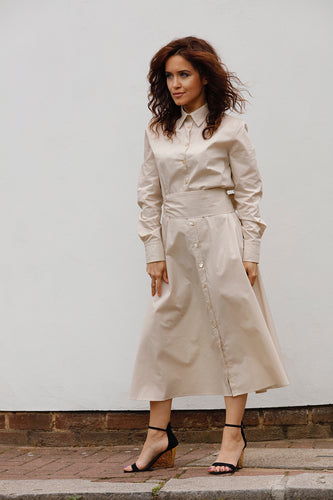 MIDI CHEMISIER DRESS IN COTTON POPLIN -BEIGE