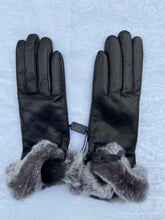 Load image into Gallery viewer, Real Leather Black Gloves with Cashmere Lining and Rabbit Cuffs
