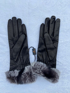 Real Leather Black Gloves with Cashmere Lining and Rabbit Cuffs