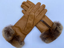 Load image into Gallery viewer, Real Leather Camel Gloves with Cashmere Lining and Rabbit Cuffs