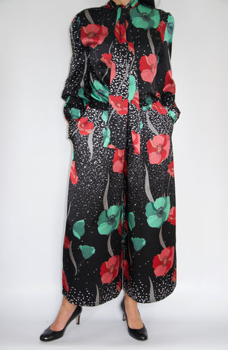 ALINA SILK SATIN WIDE-LEG PANTS- BLACK