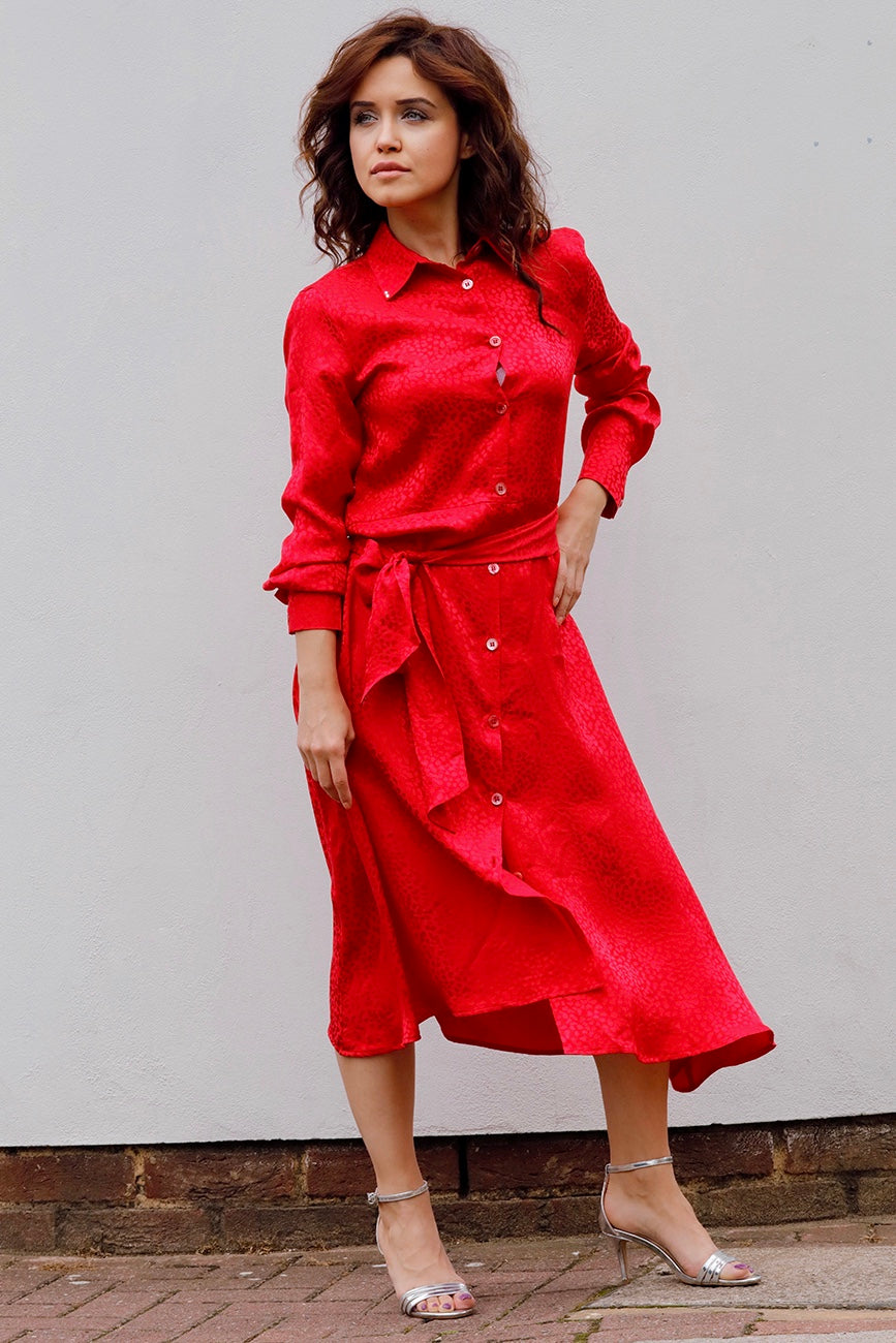 MIDI CHEMISIER DRESS IN SILK -RED