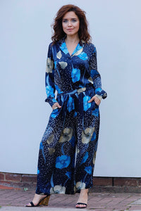 ALINA SILK SATIN WIDE LEG PANTS BLUE