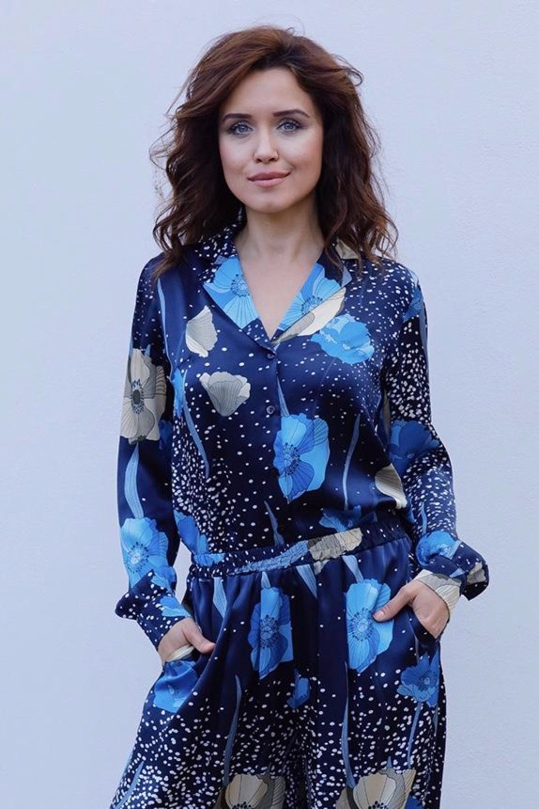 ALINA BLOUSE IN SILK SATIN-BLUE