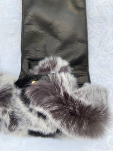 Real Leather Black Gloves with Cashmere Lining and Rabbit Cuffs