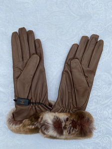 Real Leather Brown Gloves with Cashmere Lining and Rabbit Cuffs